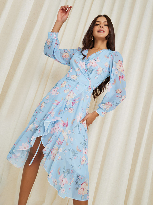 Buy Floral Print Chiffon Wrap Midi Dress Light Blue For Women Styli Kuwait