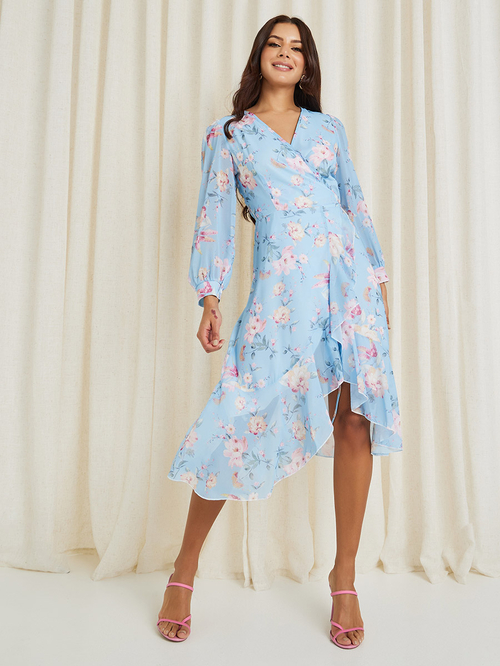 Buy Floral Print Chiffon Wrap Midi Dress Light Blue For Women Styli Saudi