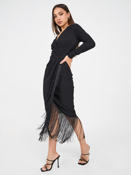 Buy Textured Wrap Front Midi Dress with Fringes Black For Women Styli Saudi