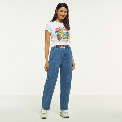 Buy Relaxed Fit Mom Jeans with Belt Blue For Default Category Styli Saudi