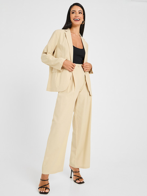 Buy Single Breasted Blazer and Wide Leg Trouser Set Beige For Women Styli Saudi