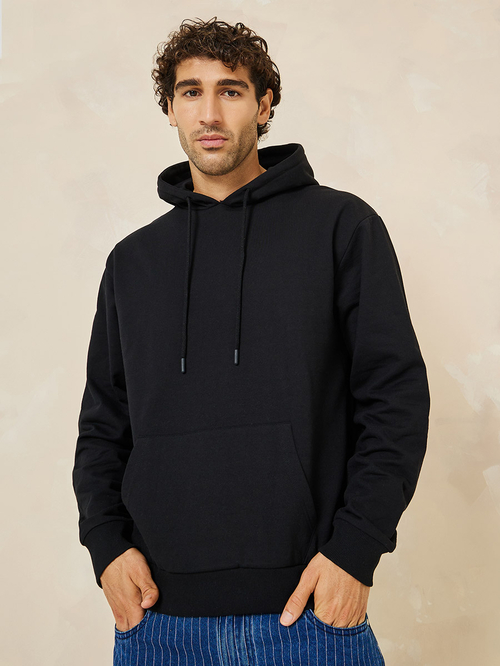 Buy Relaxed Fit Fleece Hoodie with Kangaroo Pocket Black For Men Styli Saudi