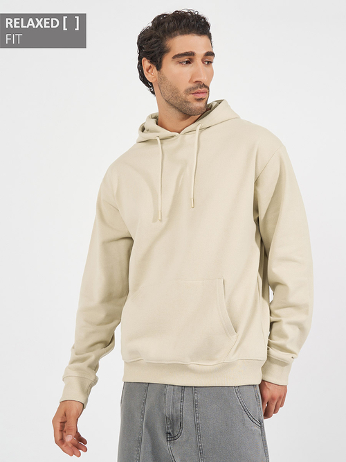 Buy Relaxed Fit Fleece Hoodie with Kangaroo Pocket Off White For Men Styli Kuwait
