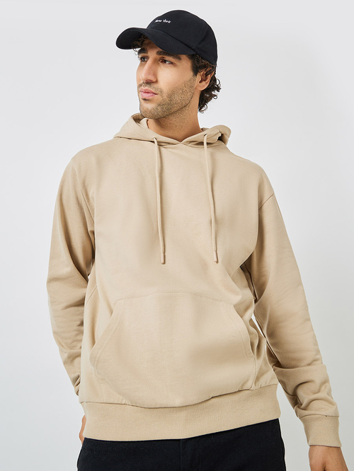 Buy Relaxed Fit Fleece Hoodie with Kangaroo Pocket Beige For Men Styli Saudi