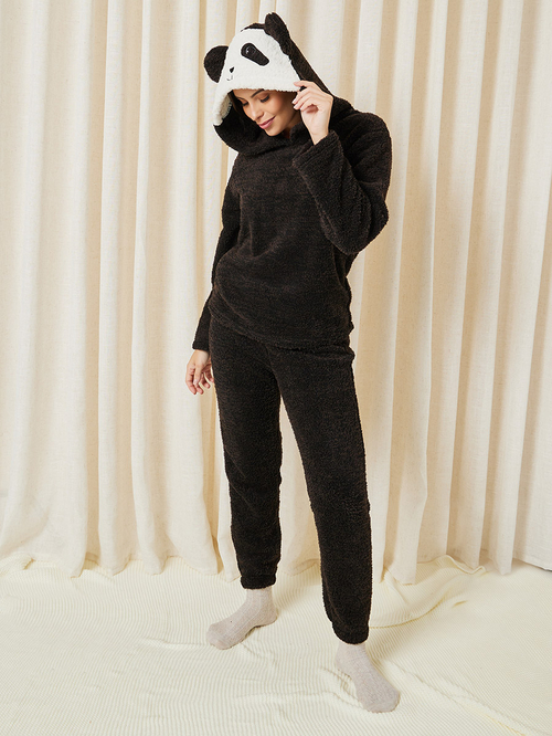 Buy Fleece Panda Hoodie Jogger Set Black For Women Styli Saudi