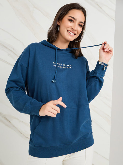 Buy Oversized Slogan Print Longline Hoodie Navy Blue For Women Styli Saudi