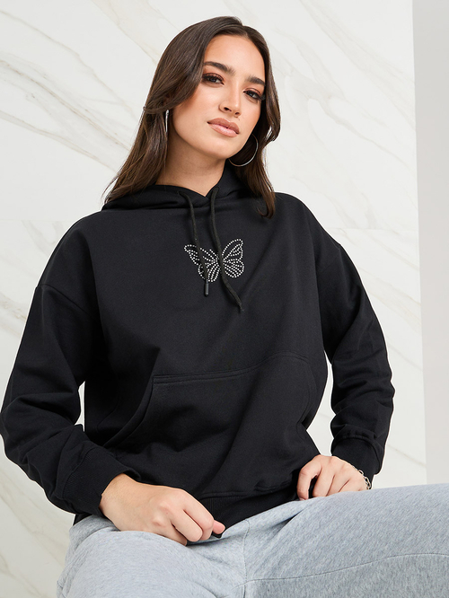 Buy Oversized Embellished Rhinestone Butterfly Detail Hoodie Black For Women Styli Saudi