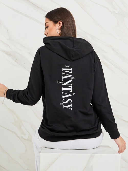 Buy Back Slogan Print Long Line Hoodie Black For Women Styli Saudi