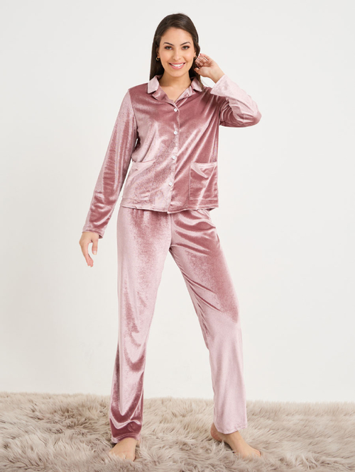 Buy Velour Button Through Shirt Pyjama Set Pink For Women Styli Saudi