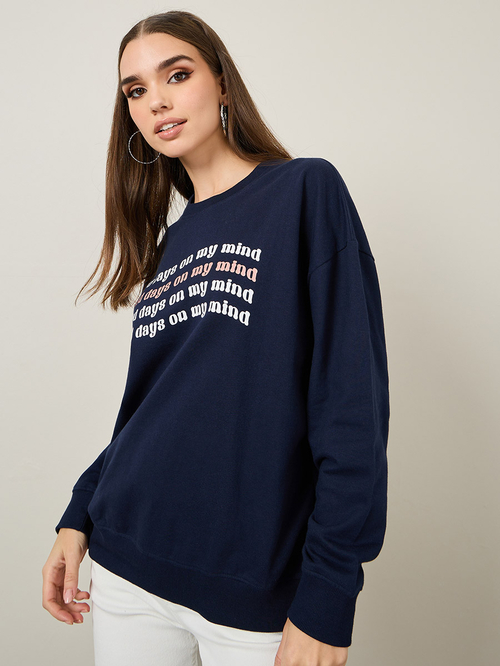 Buy Oversized Slogan Print Sweatshirt Navy Blue For Women Styli Saudi