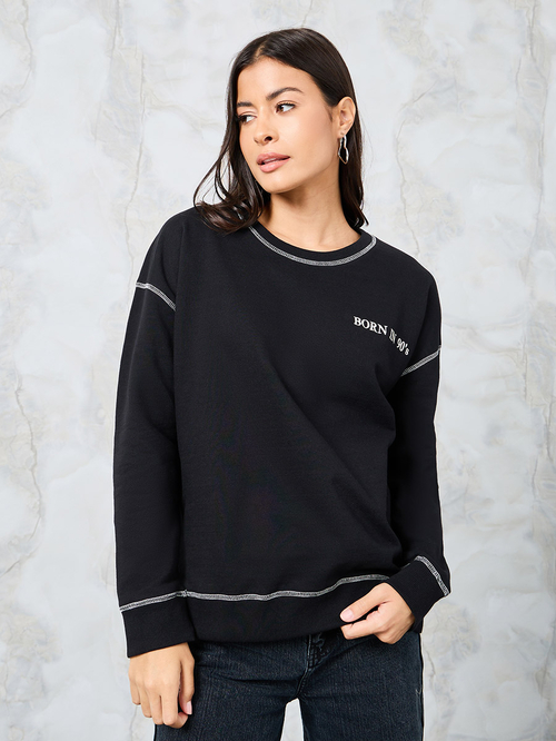 Buy Oversized Embroidered Slogan Sweatshirt with Contrast Stitch Black For Women Styli Saudi