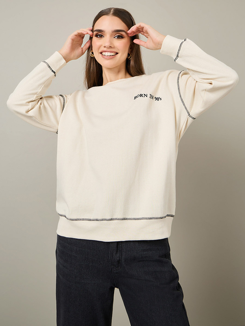 Buy Oversized Embroidered Slogan Sweatshirt with Contrast Stitch Cream For Women Styli Saudi