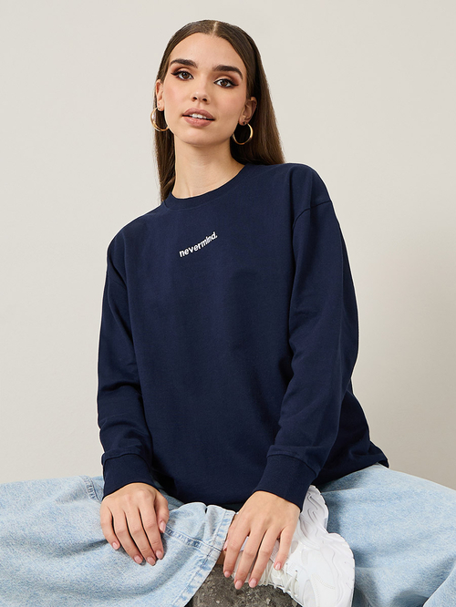 Buy Regular Fit Longline Embroidered Slogan Sweatshirt Navy Blue For Women Styli Saudi