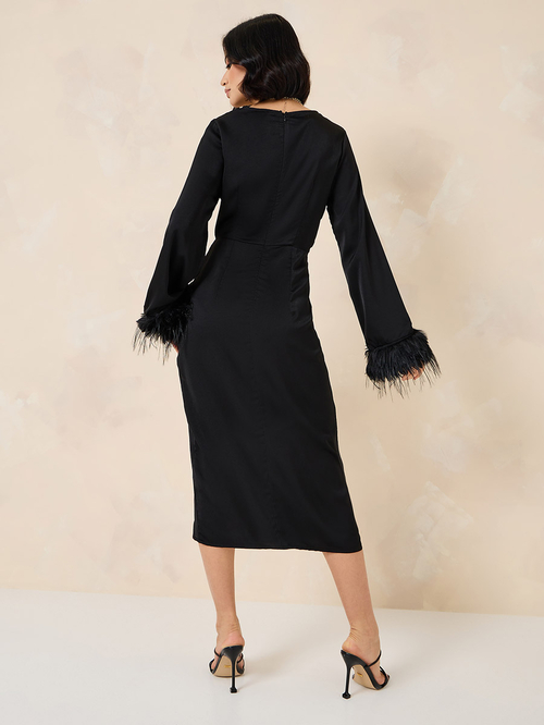 Buy Faux Feather Trumpet Sleeve Wrap Front Midi Dress Black For Women Styli UAE