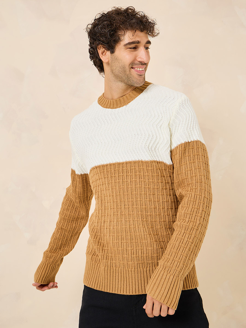 Buy Cable Knit Relaxed Fit Color Block Jumper Beige For Men