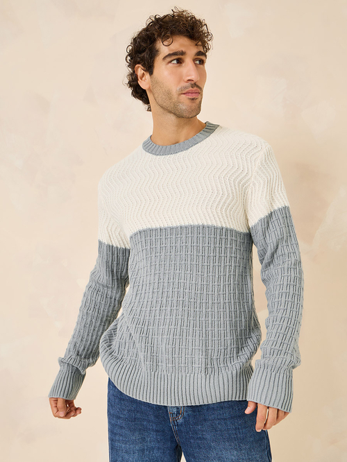 Buy Cable Knit Relaxed Fit Color Block Jumper Grey For Men Styli Saudi