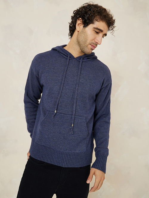 Buy Hooded Melange Knit Drop Shoulder Sweater Navy Blue For Default Category Styli Saudi