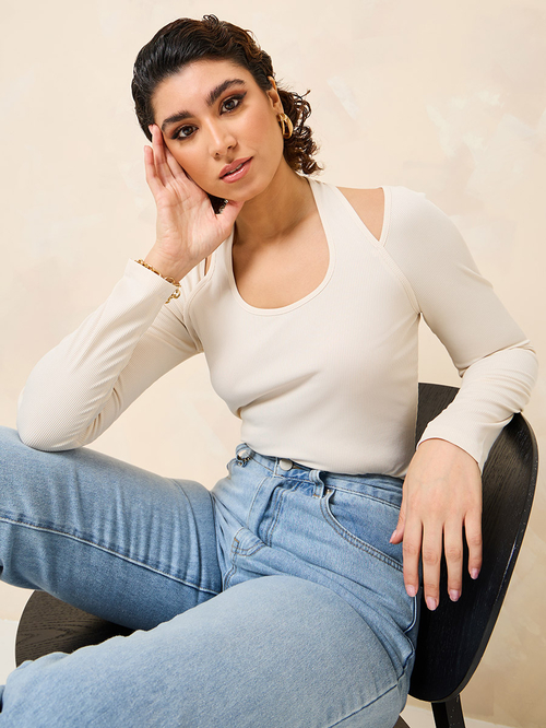 White long sleeve fitted top on sale