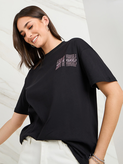 Buy Oversized Be Yourself Slogan Longline T Shirt Black For Women Styli Kuwait