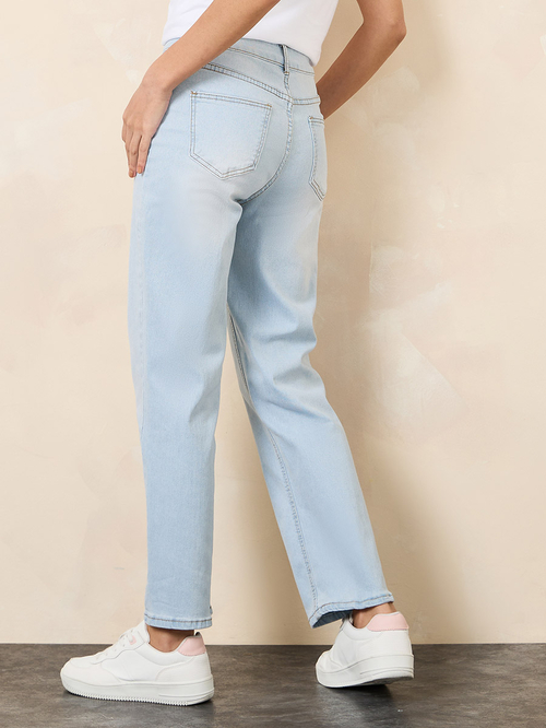 Buy Mid Rise Washed Ankle Length Mom Jeans Light Blue For Women Styli Saudi