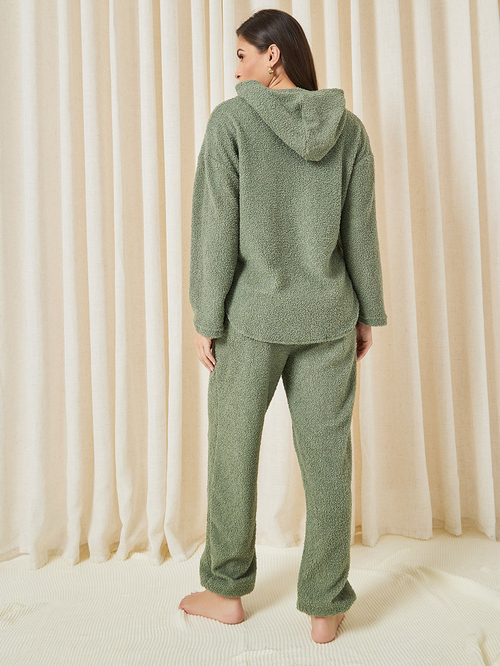 Buy Teddy Fleece Curved Hem Hoodie Jogger Lounge Set Green For Women Styli Saudi