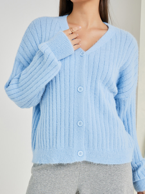 Buy Short Length Fuzzy Knit Button Down Cardigan Light Blue For Women Styli UAE