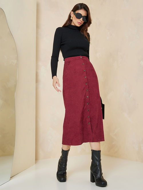 Corduroy Midi Skirt with Front Button Detail