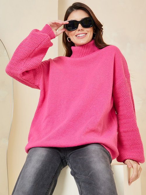 Buy Oversized Volume Sleeve Turtle Neck Sweater Pink For Women Styli Saudi