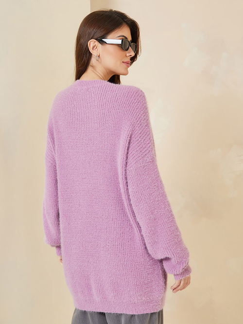 Buy Oversized Longline Fuzzy Yarn Sweater Purple For Women Styli UAE