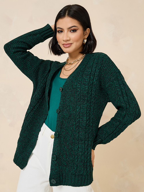 Buy Cable Knit Button Down Regular Fit Cardigan Green For Women Styli UAE