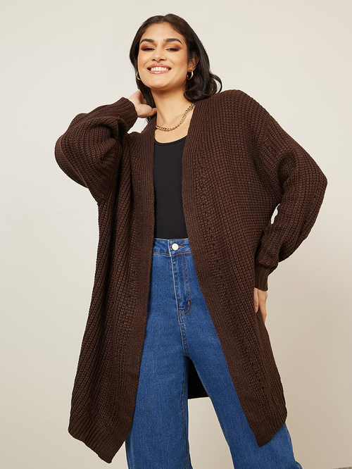Buy Oversized Longline Chunky Knit Open Front Cardigan Brown For Women Styli UAE