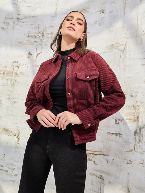 Buy Boxy Corduroy Jacket with Flap Pocket Burgundy For Women Styli Saudi