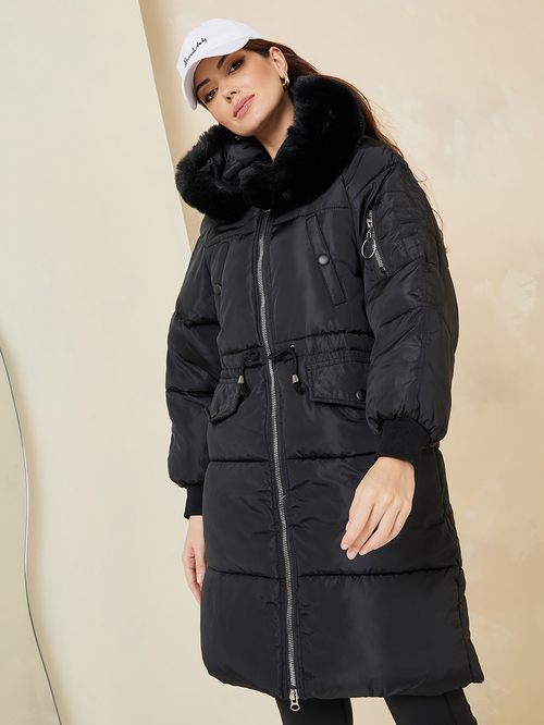 Buy Oversized Knee Length Hooded Padded Coat Black For Women Styli Kuwait