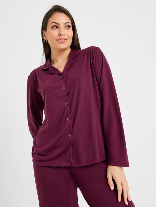 Buy Long Sleeve Jersey Button Through Shirt Pyjama Set Burgundy For Women Styli UAE