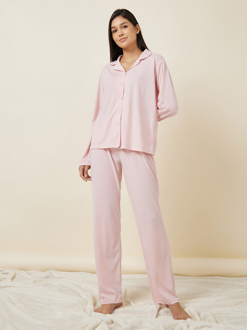 Long Sleeve Jersey Button Through Shirt Pyjama Set