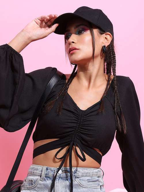 Buy Ruched Tie Up Crop Top Black For Women Styli Saudi