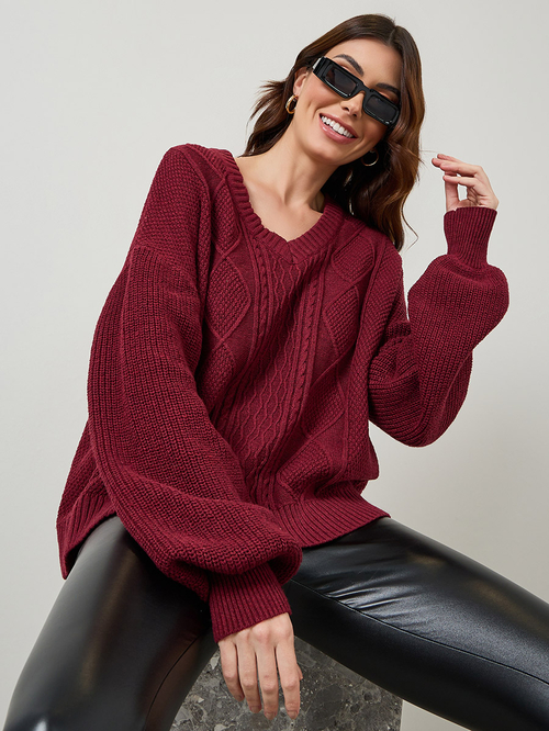 Burgundy knit sweater cheap