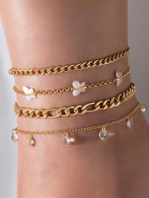 Buy Set Of 4 Embellished Chain Butterfly Anklet Gold For Women Styli Saudi