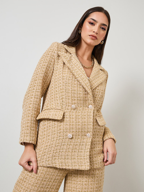 Buy Regular Fit Longline Double Breasted Tweed Blazer Beige For Women Styli Saudi