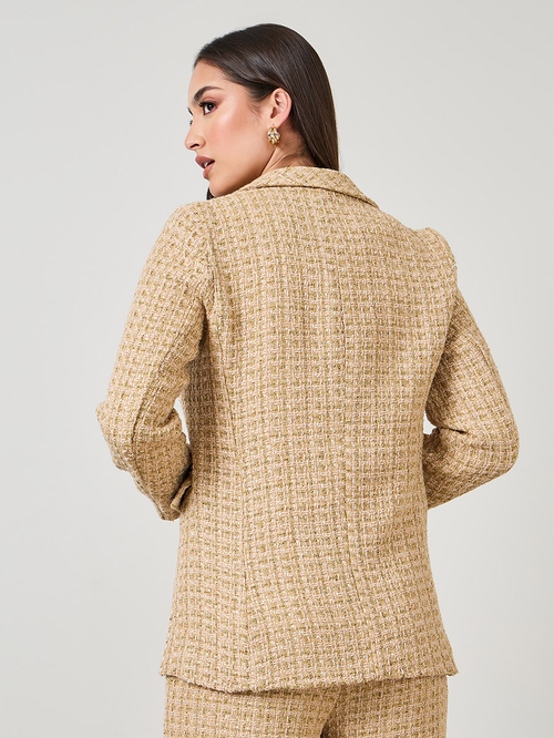 Buy Regular Fit Longline Double Breasted Tweed Blazer Beige For Women Styli Saudi