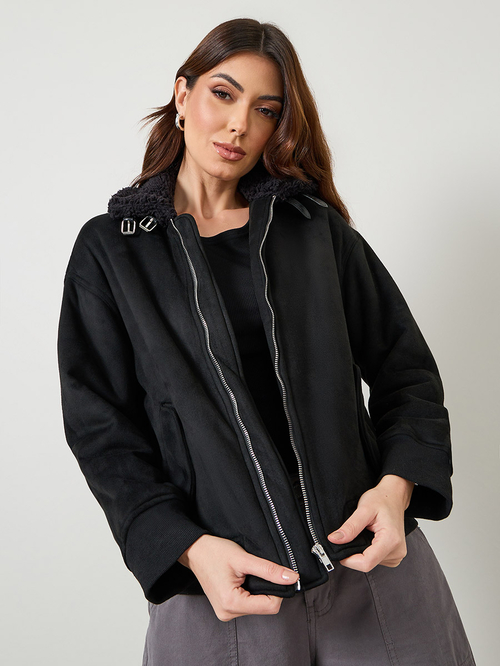 Suede bomber jacket with fur collar on sale
