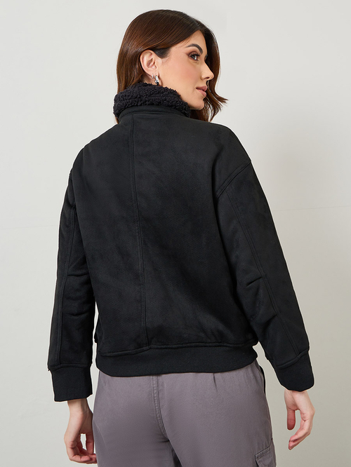 Buy Suede High Neck Bomber Jacket With Faux Fur Collar Black For Women Styli UAE