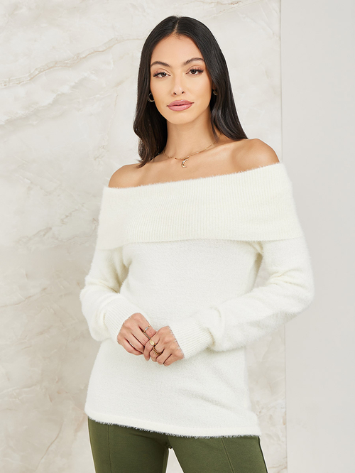 Fuzzy white off the shoulder sweater shop