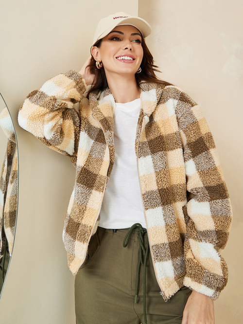 Buy Regular Fit Faux Fur Checked Hooded Jacket Brown For Women Styli Kuwait
