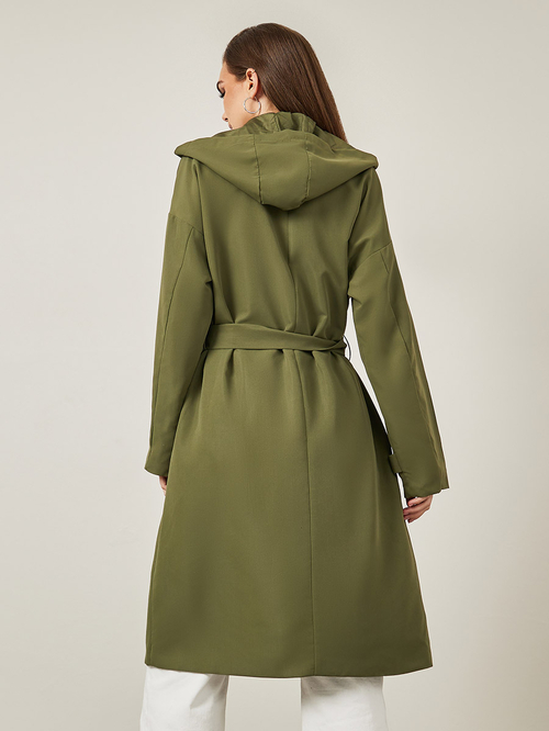 Buy Double Breasted Midi Trench Coat With Hood Khaki For Women Styli Saudi