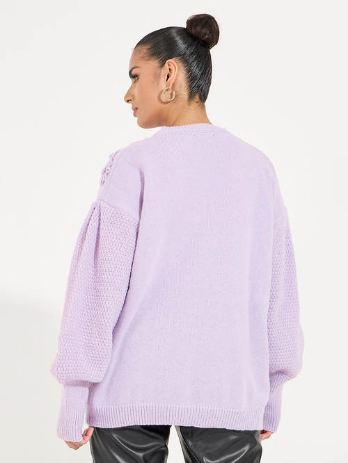 Buy Oversized Floral Embroidered Knit Sweater Lilac For Women Styli UAE
