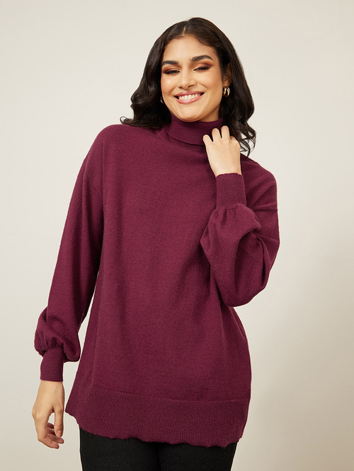 Buy Oversized Solid Turtle Neck Longline Sweater Burgundy For Women Styli Saudi