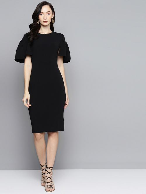 Buy Solid Cape Sleeve Bodycon Dress Black For Women Styli Kuwait
