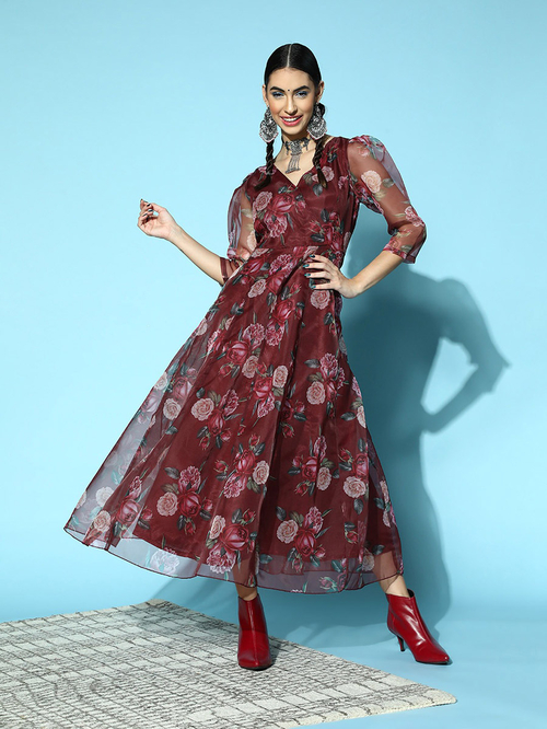 Floral Print Organza Wrap Maxi Dress