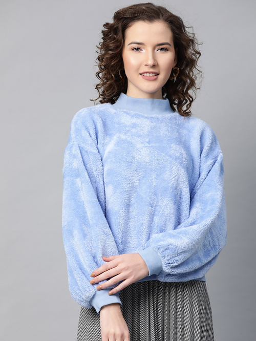 Buy Faux Fur Relaxed Fit Balloon Sleeve Sweater Blue For Women Styli UAE